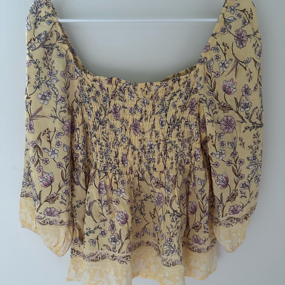 Rabbit Rose Boho Floral Smocked Peasant Top Square Neckline Yellow Purple Small